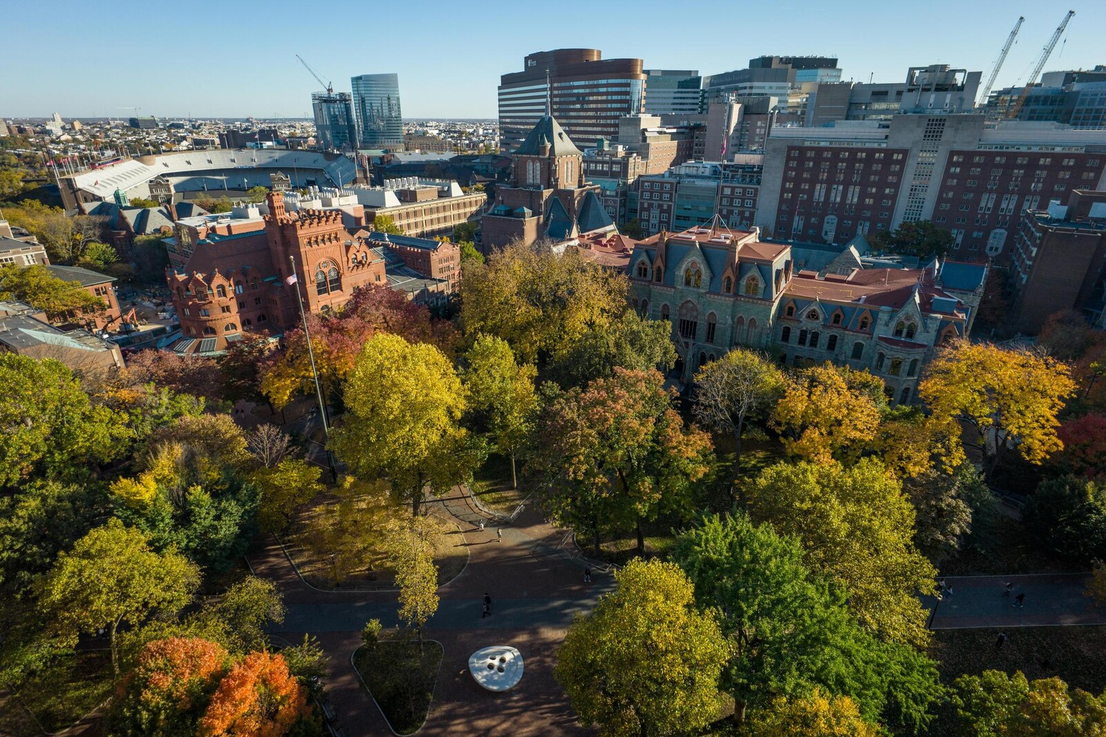 Aerial photograph showing a view of College Green with Penn Medicine building in background